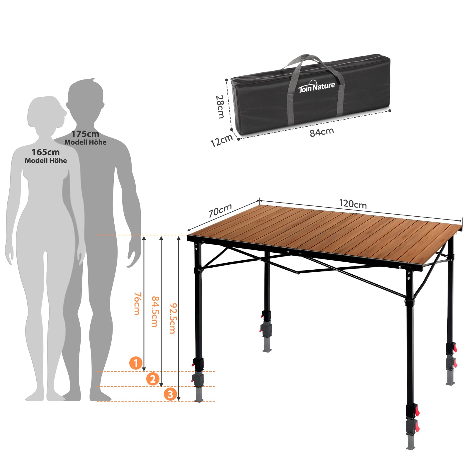 Campingtisch klappbar höhenverstellbar bis 100 kg, 120x70 cm für 6 Personen | 3-fach einstellbare Höhe Stabil Klapptisch Camping Alu Roll Up Camping Tisch für Camping, Garten, Balkon, Picknick, Holzoptik