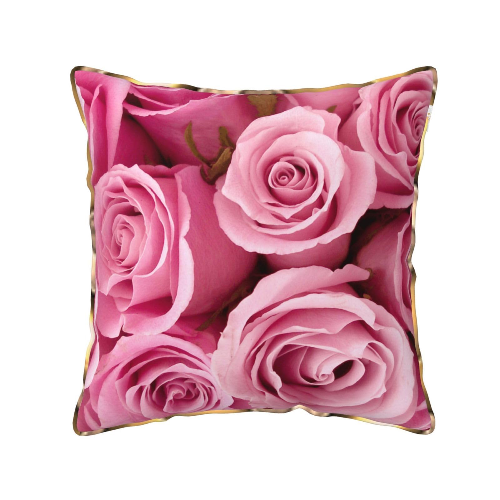 AUBKFELD Rose Printed Velvet Cushion Cover 40x40 CM with Gold Edging Strip, Square Pillowcase Soft Throw Pillow Covers Case Decorative for Living Room Sofa Couch Bed Bench