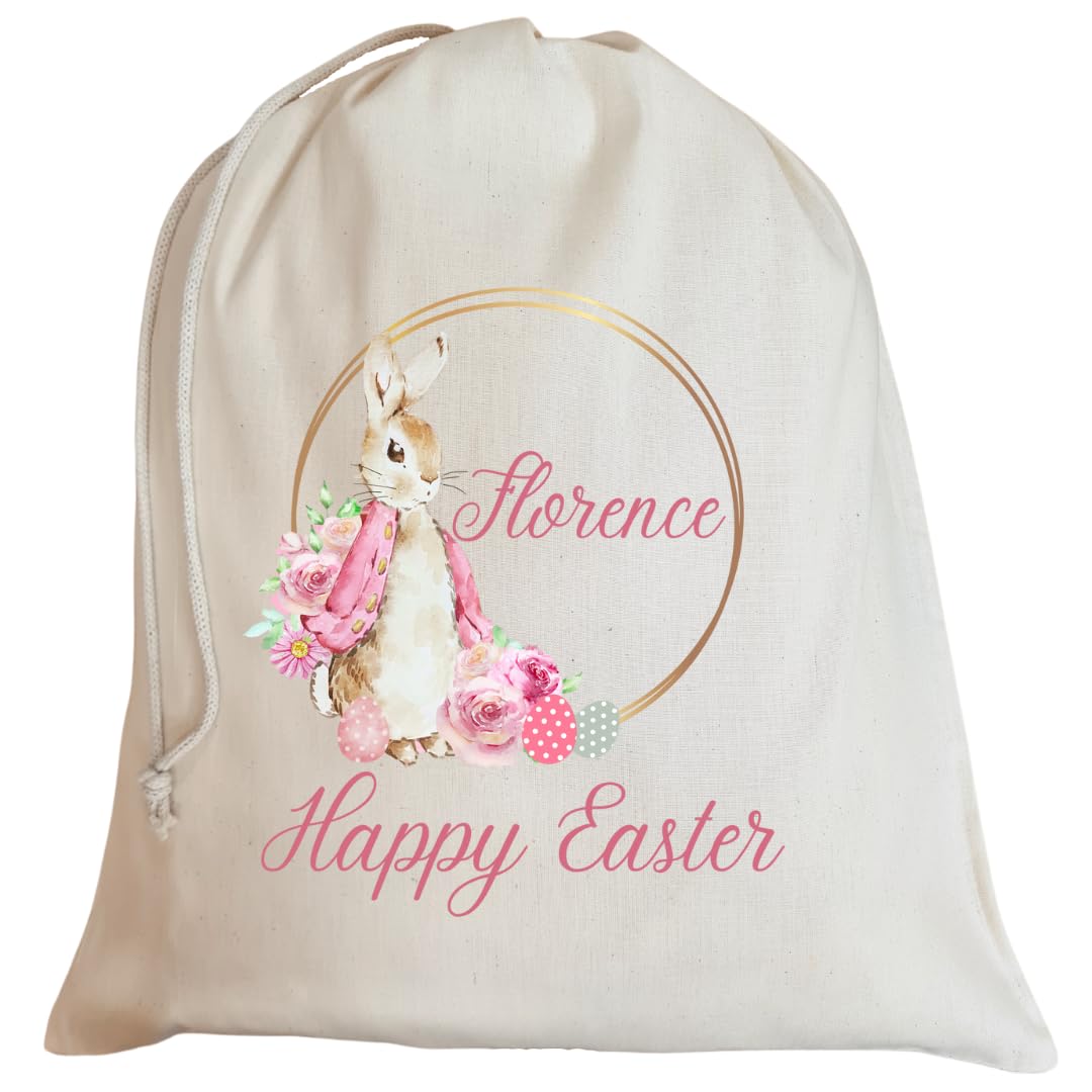 Second Ave Personalised Cute Pink Bunny Rabbit Easter Sack Bag Easter Egg Hunt Basket Gift Bag Girls