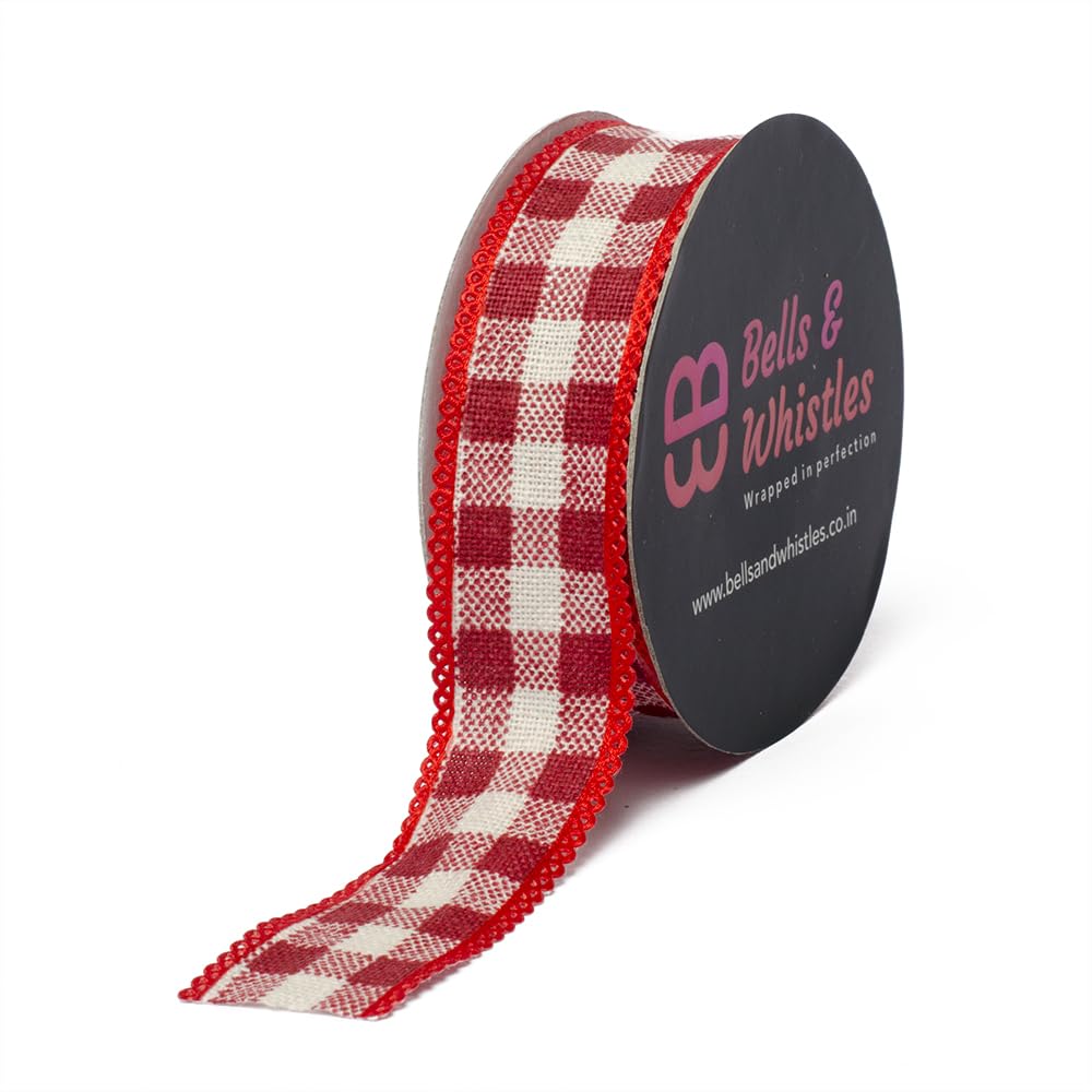 Bells and Whistles Red and White Gingham Christmas Craft Ribbon Buffalo Ribbons for Crafts Hair Accessories Craft and Christmas Gift Wrapping, red and whitePolyester Woven Edge(9yards)(1 inch)