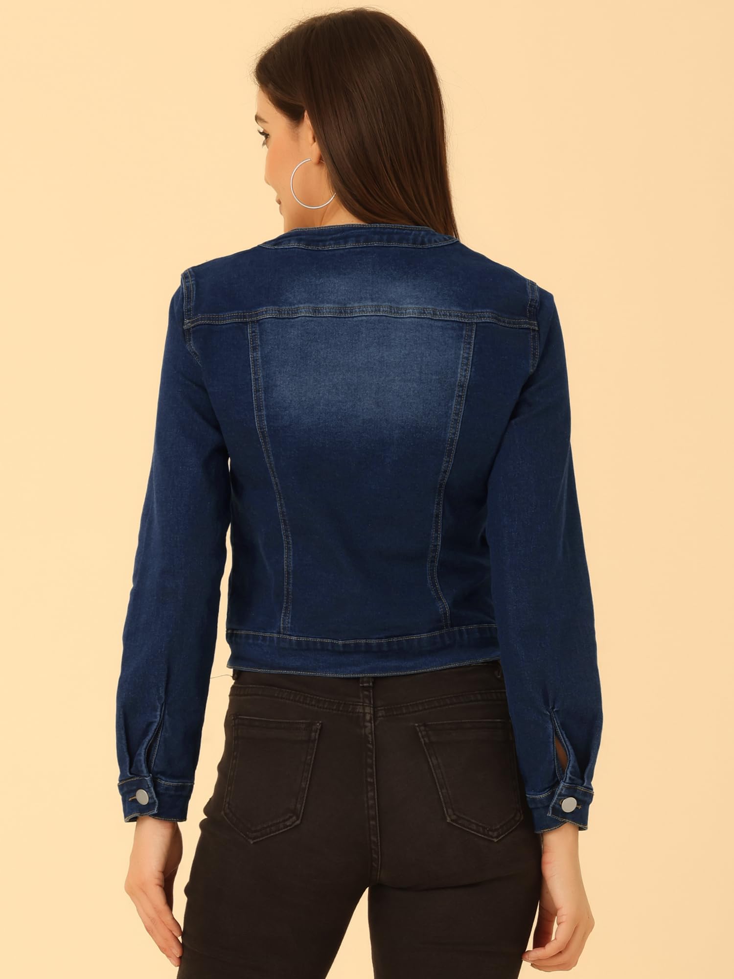 Allegra K Veste Courte en Jean Femme Manches Longues et Col Rond Blouson en Denim Boutonné Style Vintage