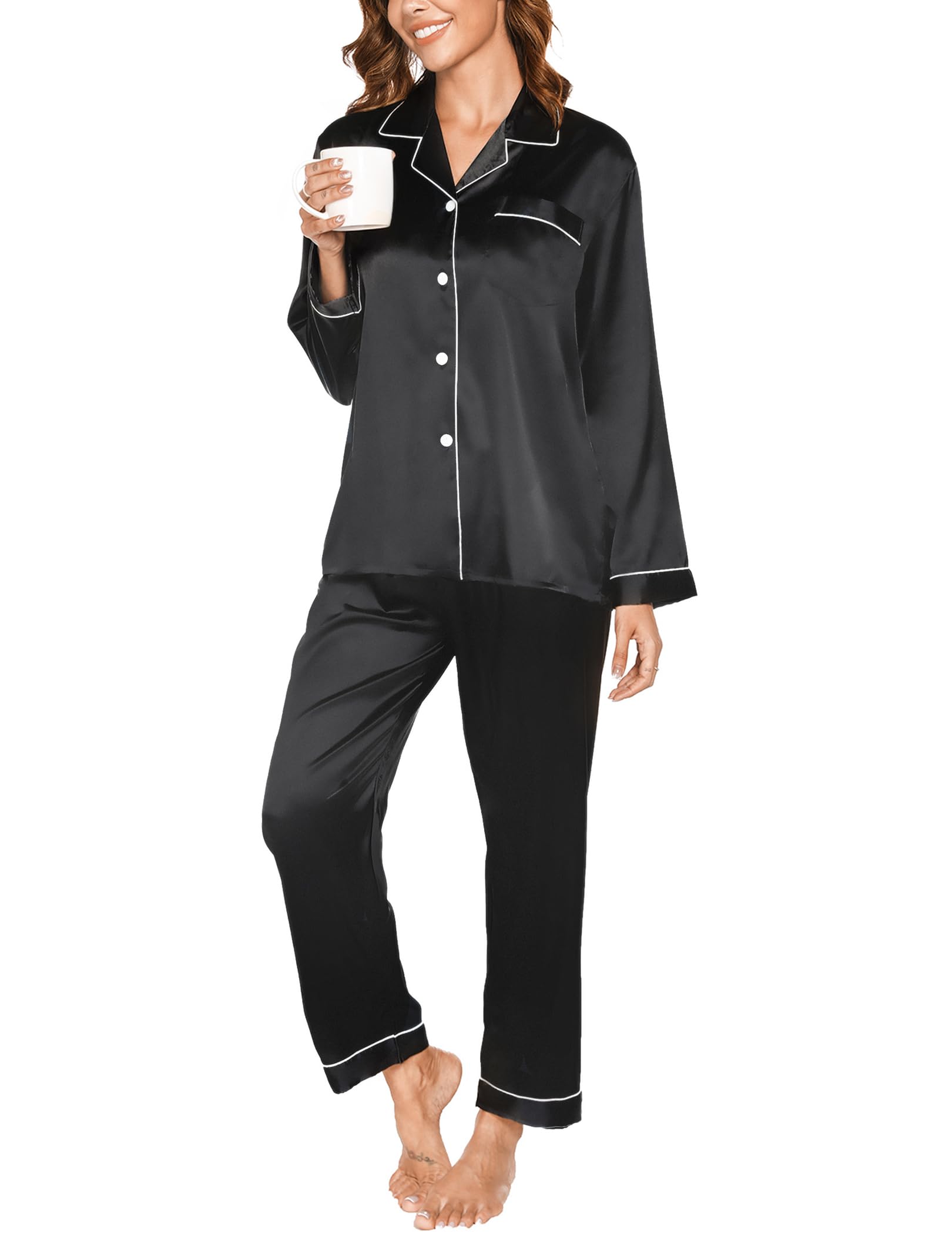 Reliwel Women's Black Pyjama Sets Silk Satin Long Sleeve Button Down Pyjamas Two Piece Silk Pjs For Sets Sleepwear Loungewear Nightwear For Spring Summer,,Xxl