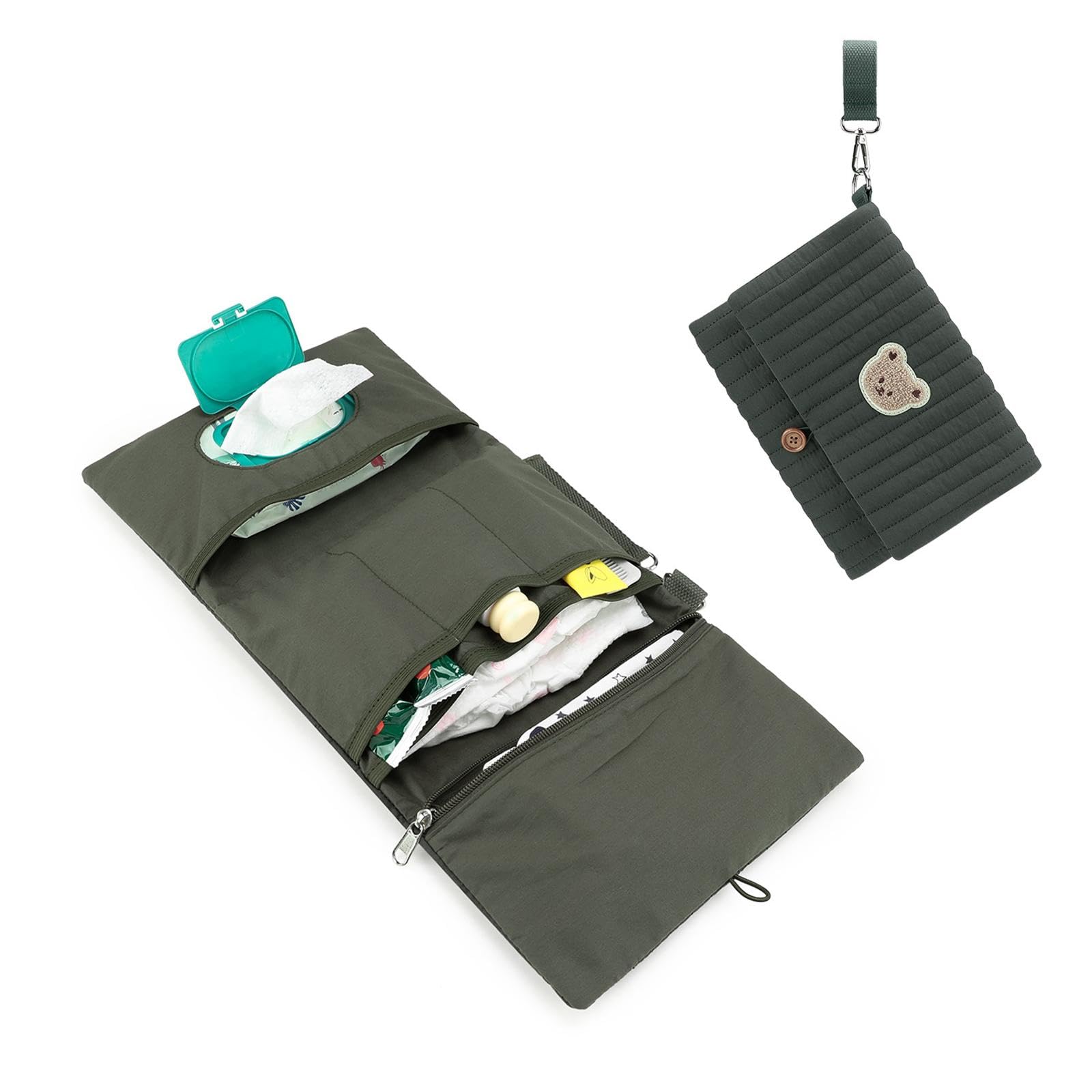 Borsa Organizer Pieghevole per Pannolini in Tessuto, Borsa da Viaggio Multifunzionale per Pannolini per Campeggio, Verde