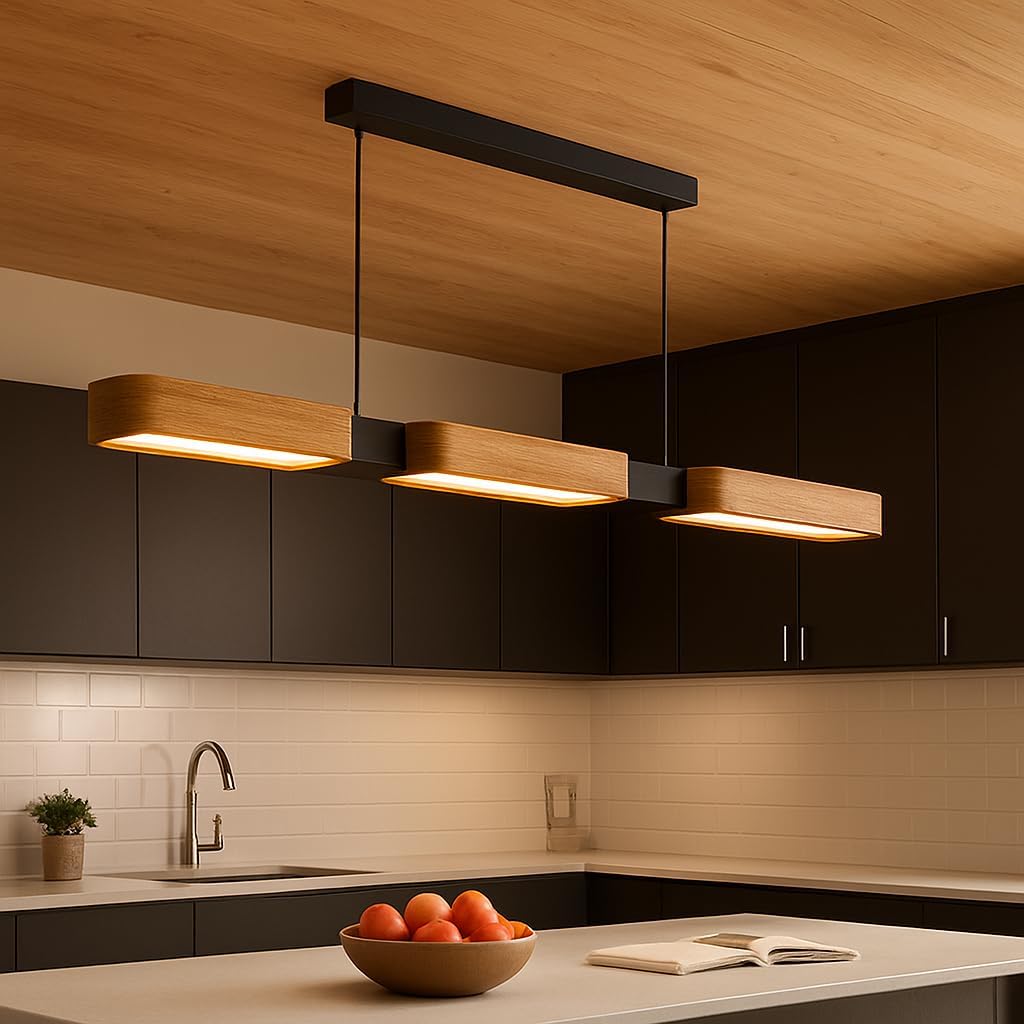 Lampadario da cucina moderno in legno, 90 cm, lampada a LED per sala da pranzo e isola cucina, dimmerabile 3000 K-6500 K, con telecomando e funzione memoria