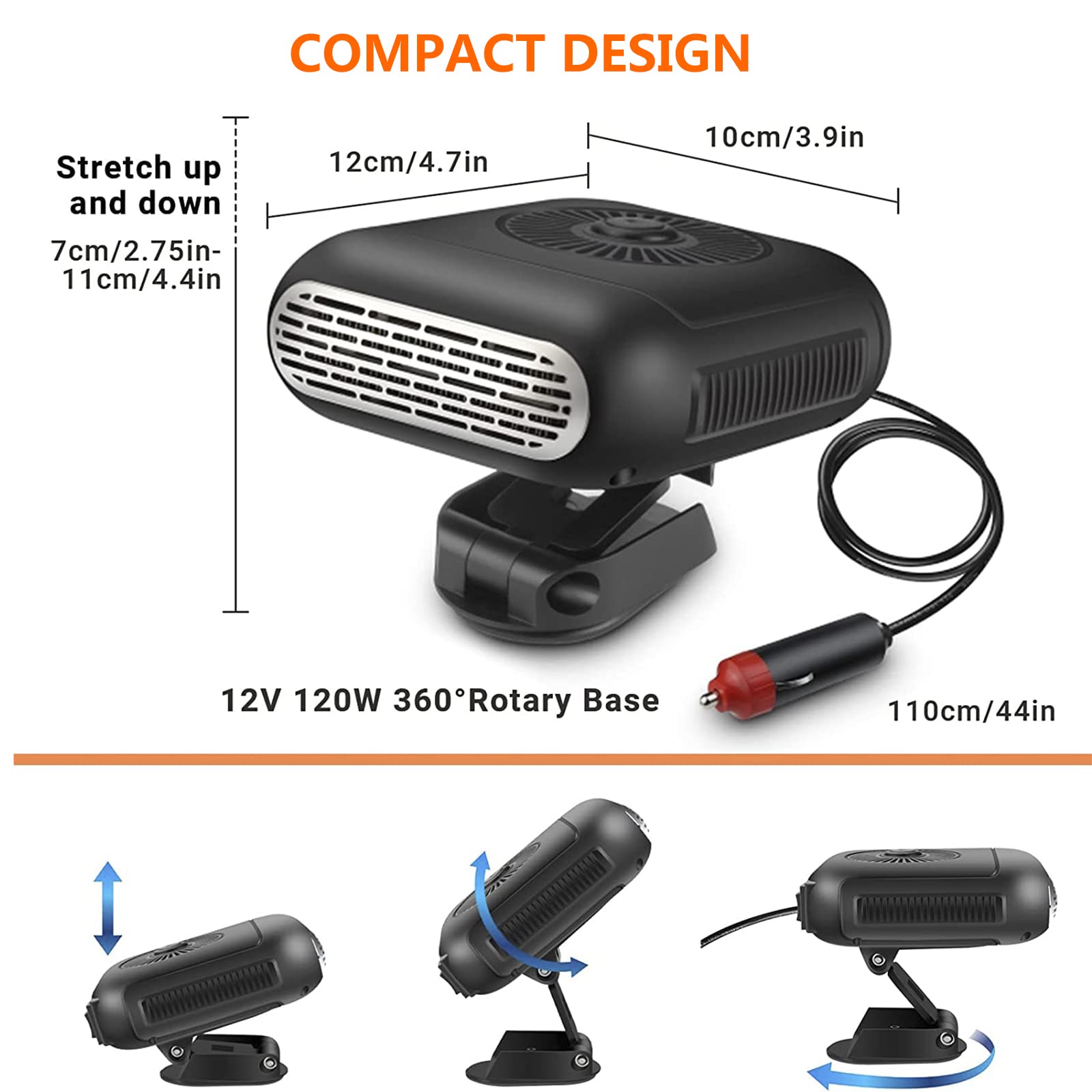 Chauffage D'appoint Voiture 12V 120W – 2 En 1 (chauffage/ventilateur) – Rotation 360° – Désembuage Rapide