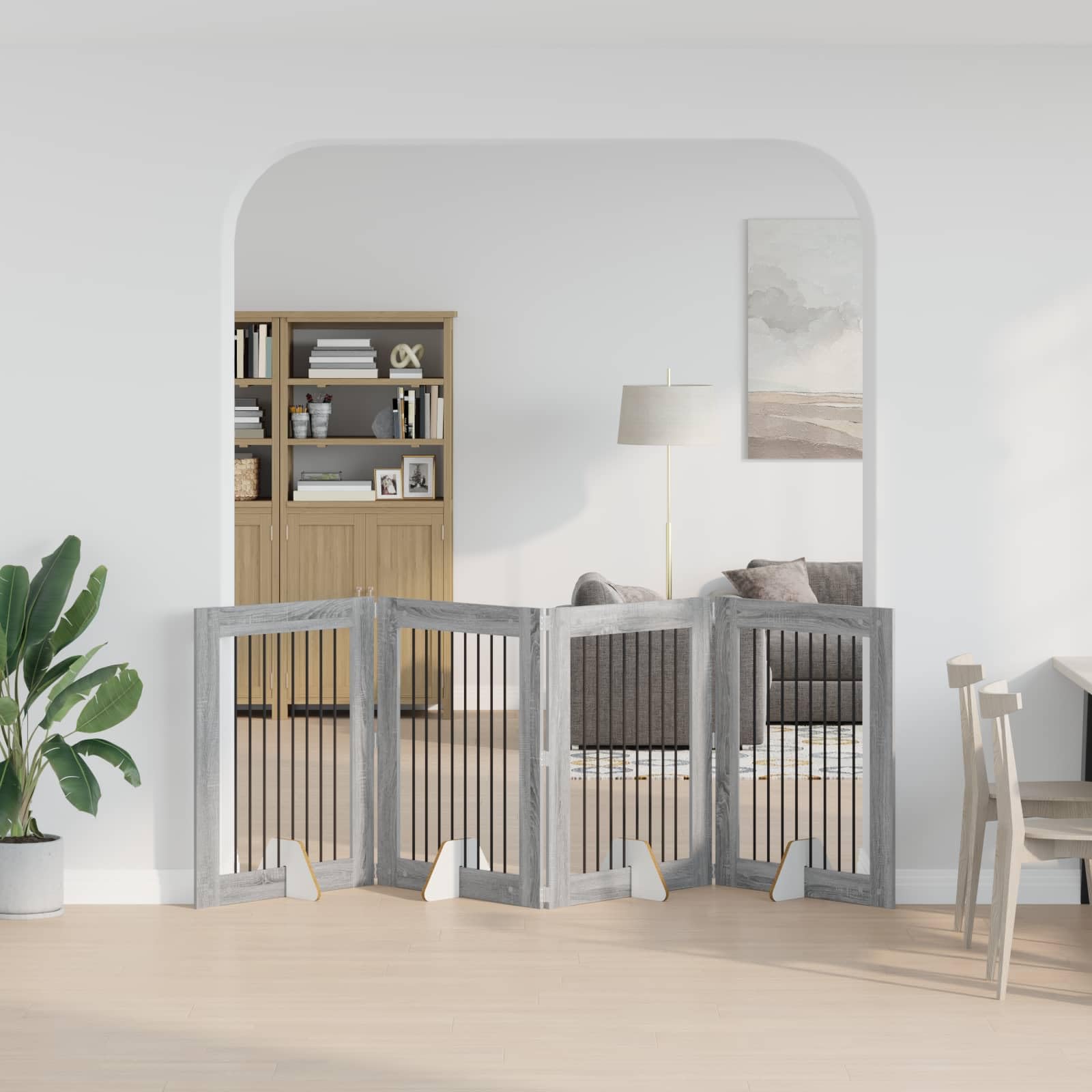 Hundeschutzgitter freistehend 4-teilig, 321x100cm Hundetor faltbar aus Metall & Holzwerkstoff, Welpenschutzgitter für Innenbereich, Absperrgitter Hunde Graues Sonoma