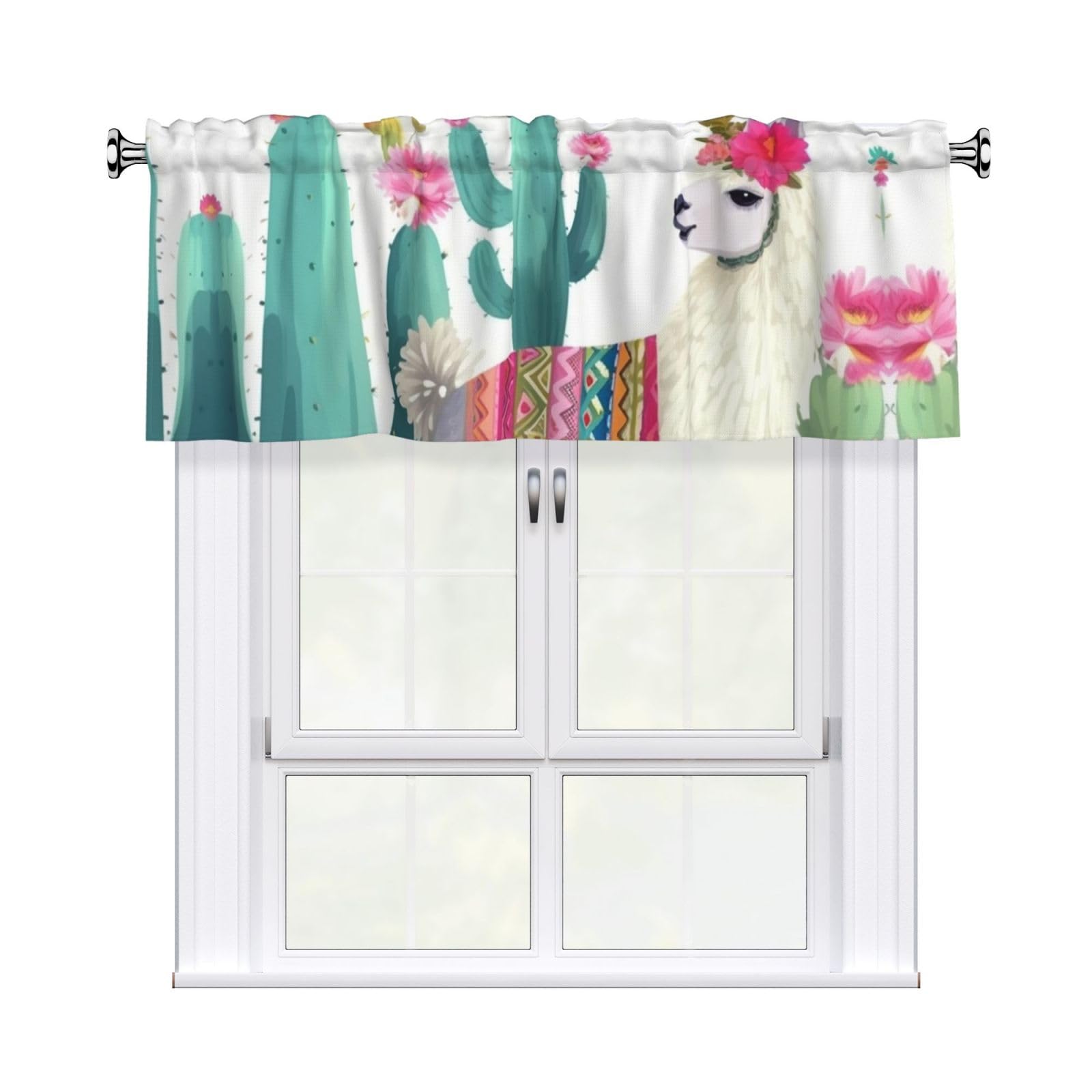 DWVTSLH Tropical Llama Alpaca Cactus Flower Valances Curtains for Windows, Rod Pocket Drape Valence Blackout Short Curtains for Kitchen Bathroom Bedroom Window Treatment for Home Décor 54x18 Inch