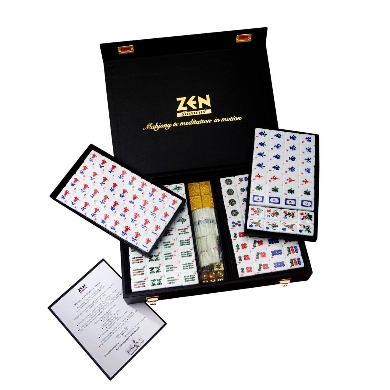 Zen Diamond Limited Edition Mahjong Set in Glittering Gold,Diamond Studded Flower Titles. and a Stylish Travel case—Perfect for Parties, Family Gatherings, Game Nights, and Premium Gifting.