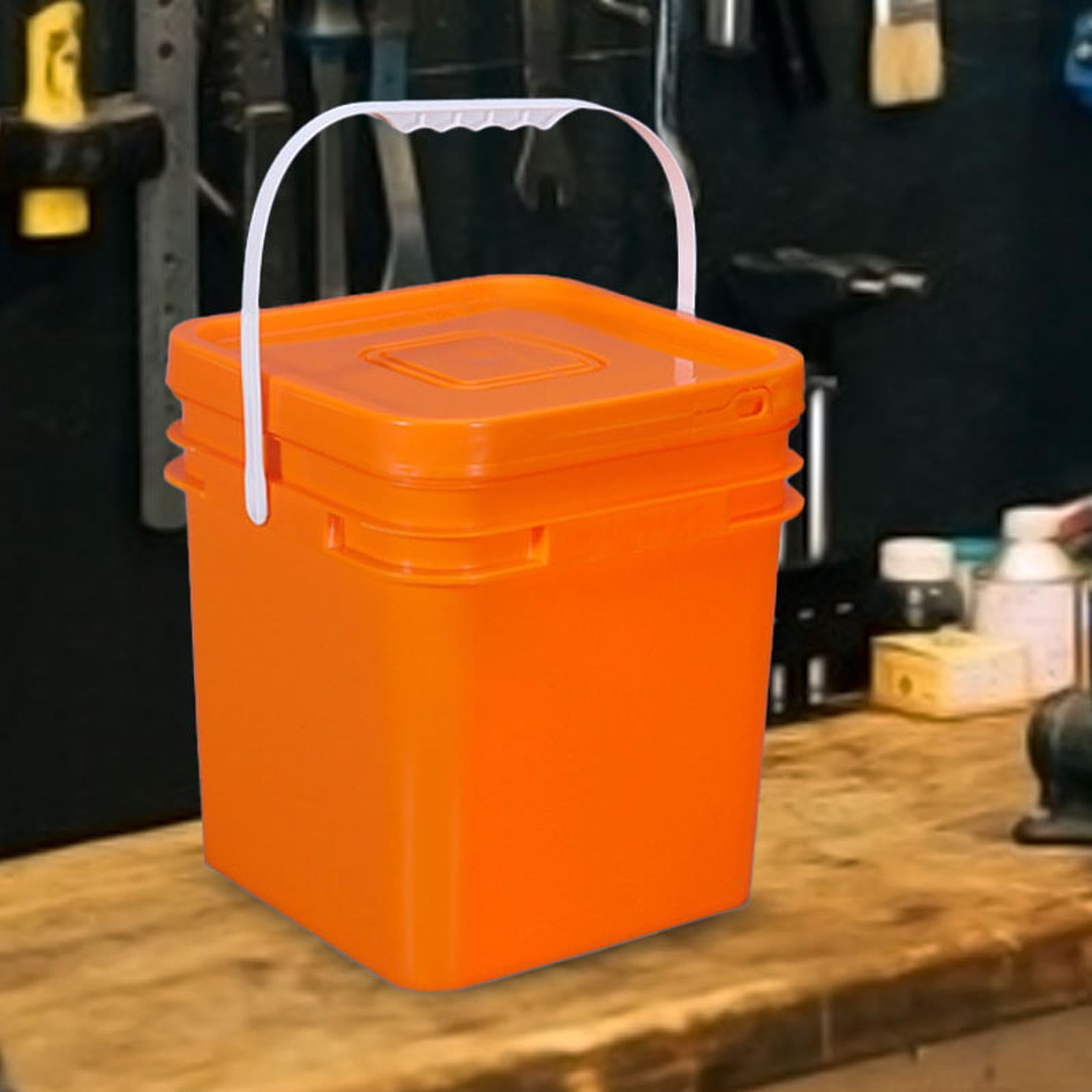 Quadratischer 10-Liter-Eimer, Vorratsbehälter für Lebensmittel mit Griff und Deckel, für alle Zwecke, Eimer für Camping, Autowäsche, Orange