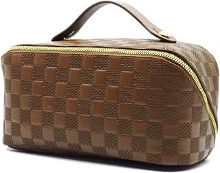 Large Capacity Travel Cosmetic Bag for Women Travel Makeup Bag Organizer PU Leather Waterproof with Handle and Divider Flat Lay Portable Checkered Travel Toiletry Bag(Brown)