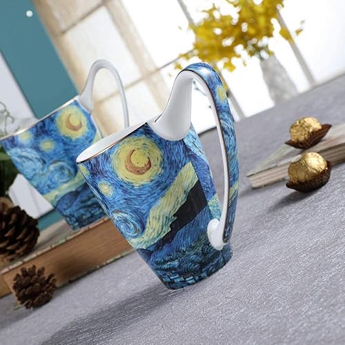 Miniatura 7 de Taza de café de porcelana de hueso, taza de té grande de 16 onzas, diseño inspirado en las pinturas de Van Gogh (noche estrellada)