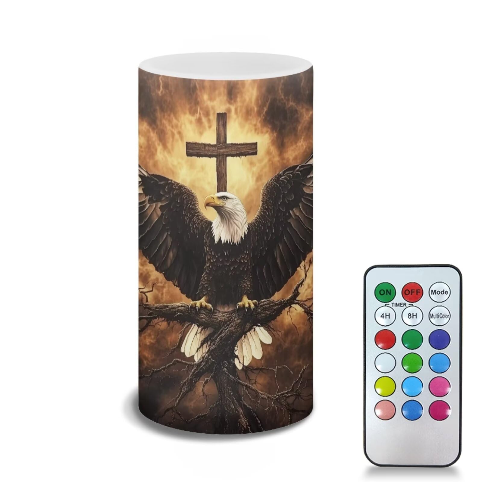Poceacles Eagle Cross Print Brown Flameless Light Candles Battery Operated Candles with Color Changing Timer Remote Control Tealights for Home Beach Dinner Party Banquet Decor
