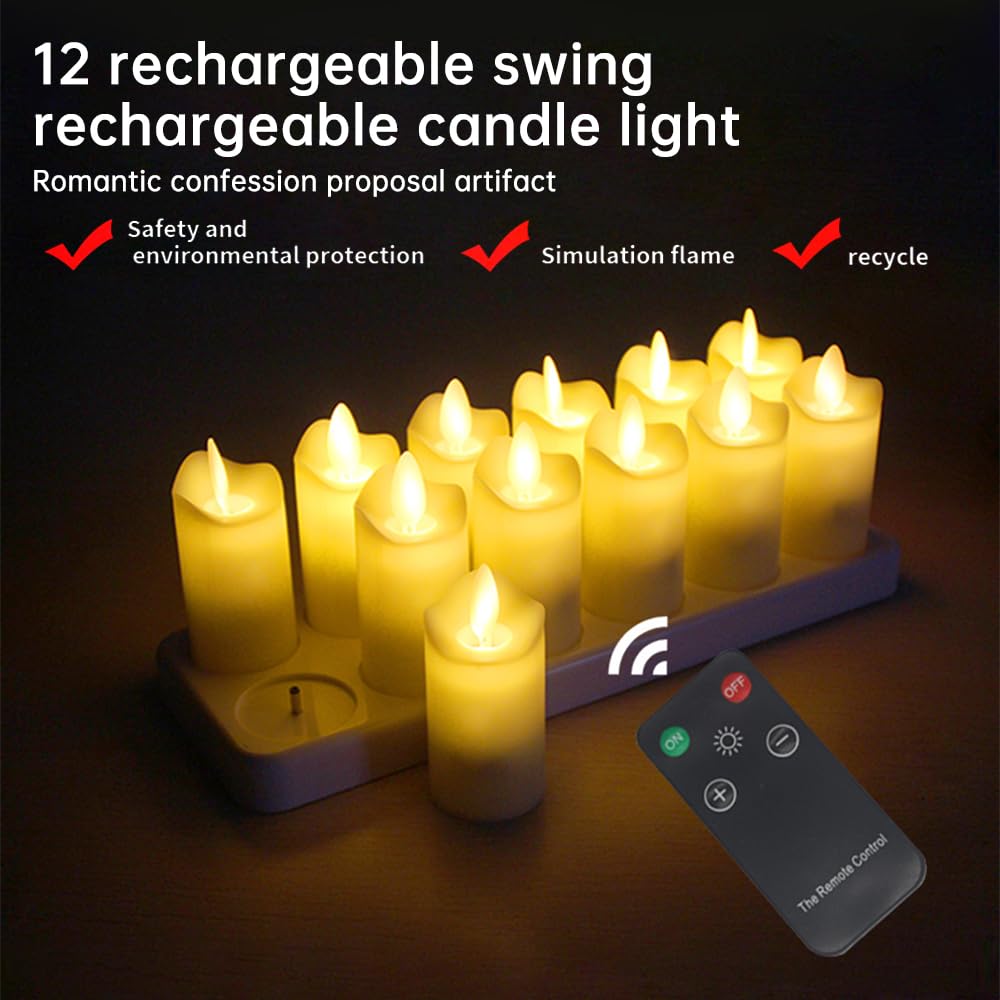 Candele tremolanti Senza Fiamma Confezione da 12 Candele LED realistiche Ricaricabili con Telecomando a 4 Tasti Candele elettriche in plastica in Giallo Caldo per Decorazioni