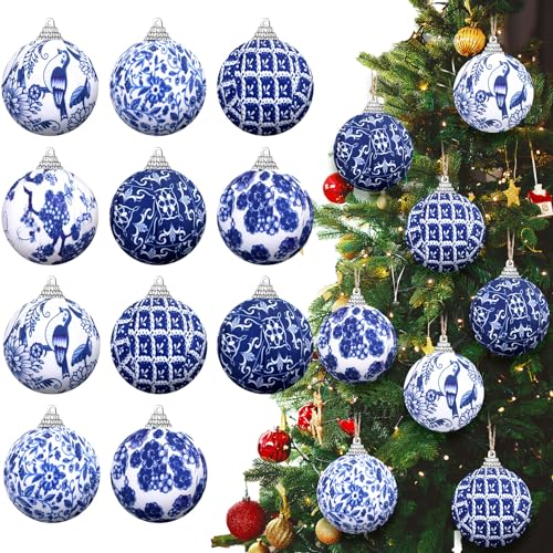 Preboun 12 Pcs Blue and White Chinoiserie Ball Ornaments Christmas Tree Hanging Ornaments Chinoiserie Fabric Wrapped Christmas Decoration for Party (2.76 Inch)