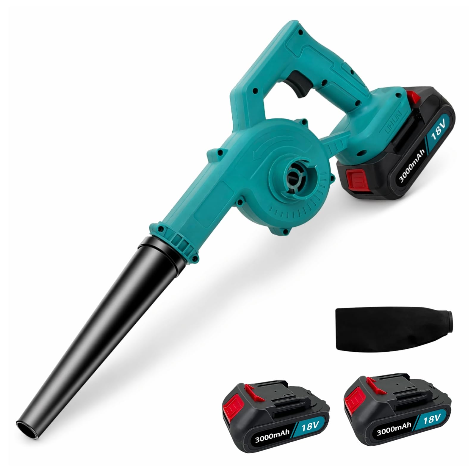 Akku Laubbläser 500W mit 2X 3000mAh Akku und Ladegerät, 210 km/h 3-in-1 Laubbläser & Laubsauger, 32000 U/min Stufenlose Geschwindigkeit, Kompatibel mit Makita-Akku, für Garten Hof Terrasse Auto