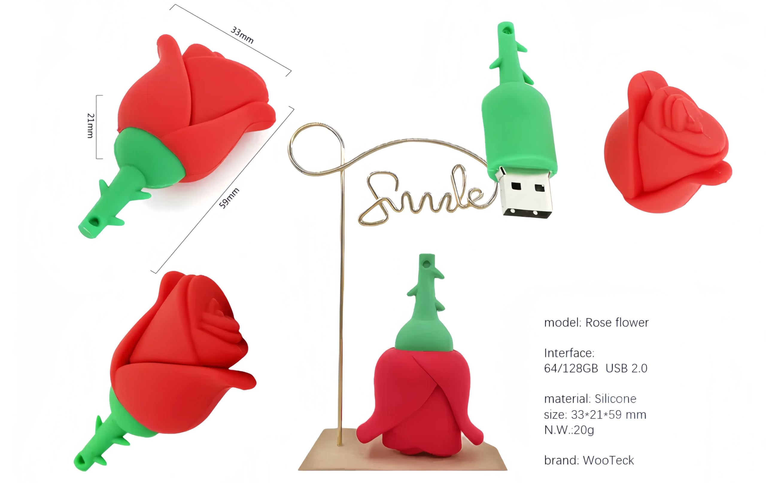 WooTeck 128GB Cartoon Lovely Rose Flower USB Flash Drive,Red