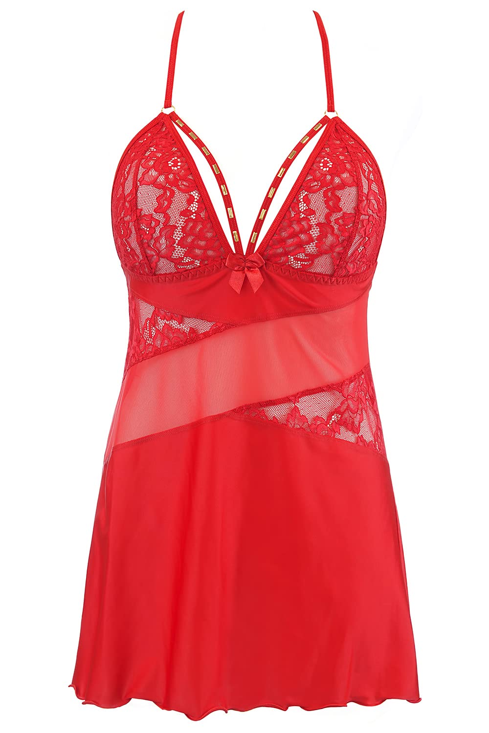 Axami Conjunto De Lencería Sensual Camisón De Noche Y Tanga V-10469, Rojo,L