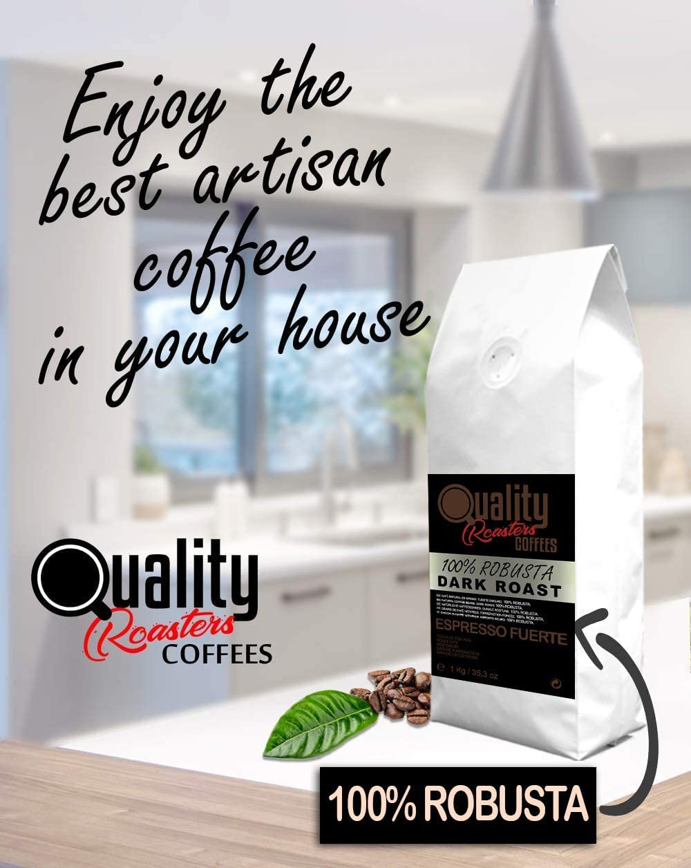 Café en grano natural "Espresso Fuerte". Dark Roast. 100% Robusta. Tostado artesanal. Tueste Oscuro. (2 Kg)