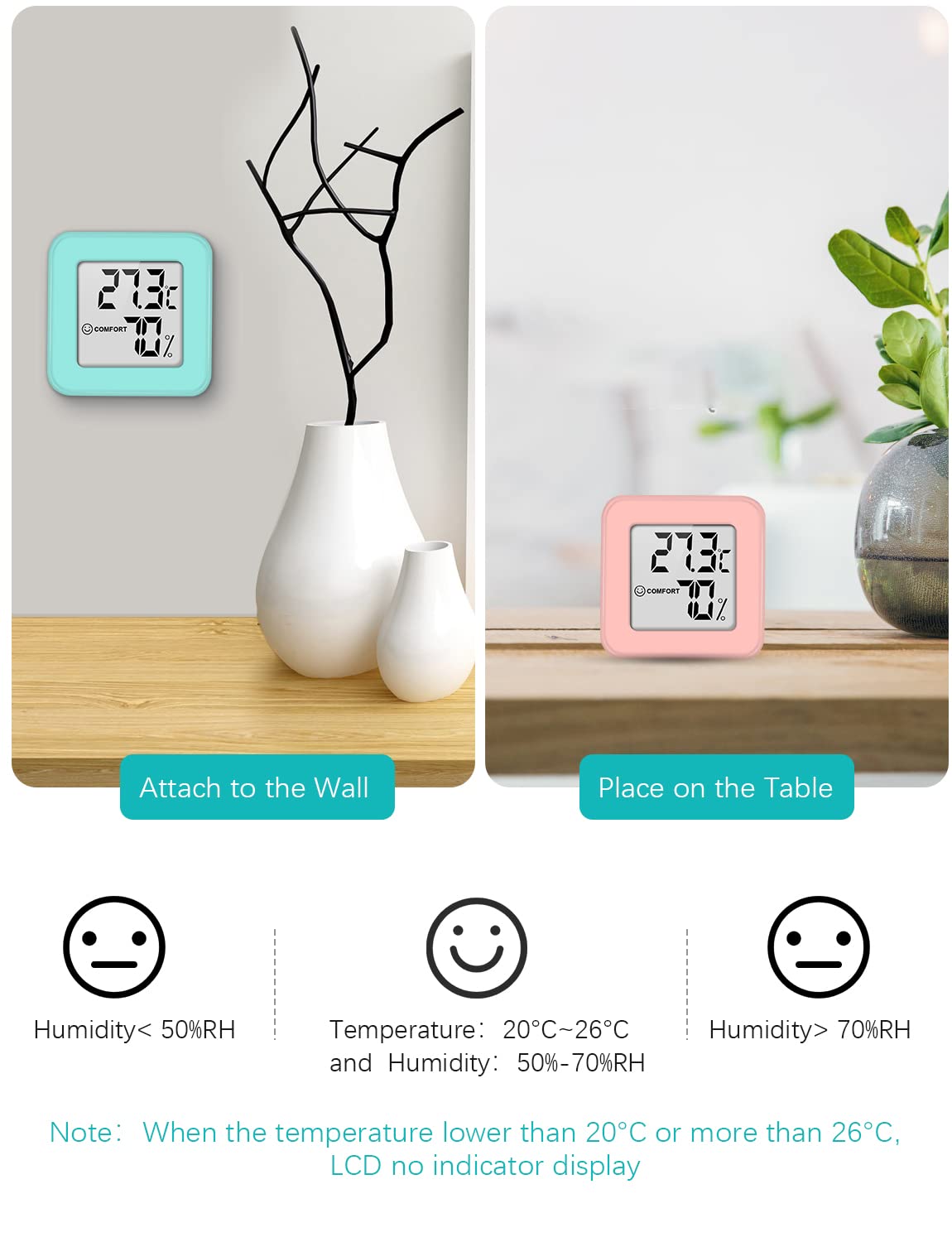 4 Mini Igrometri Digitali - Termometro E Umidimetro Da Interno Con Icona Comfort, Bianco - Foto 5