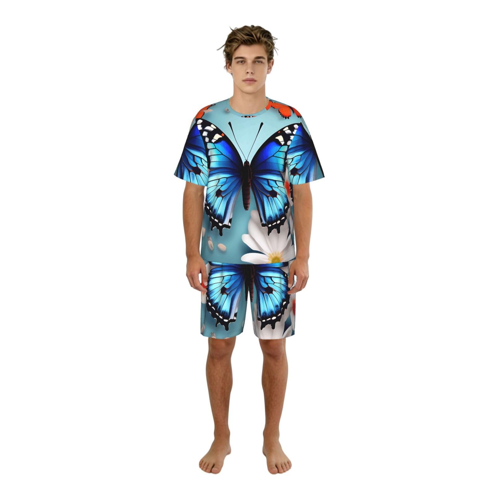 Conjunto de pijama clásico para hombre, estampado de mariposas y flores, pantalones cortos de pijama suaves para hombre, perfecto para las noches de verano