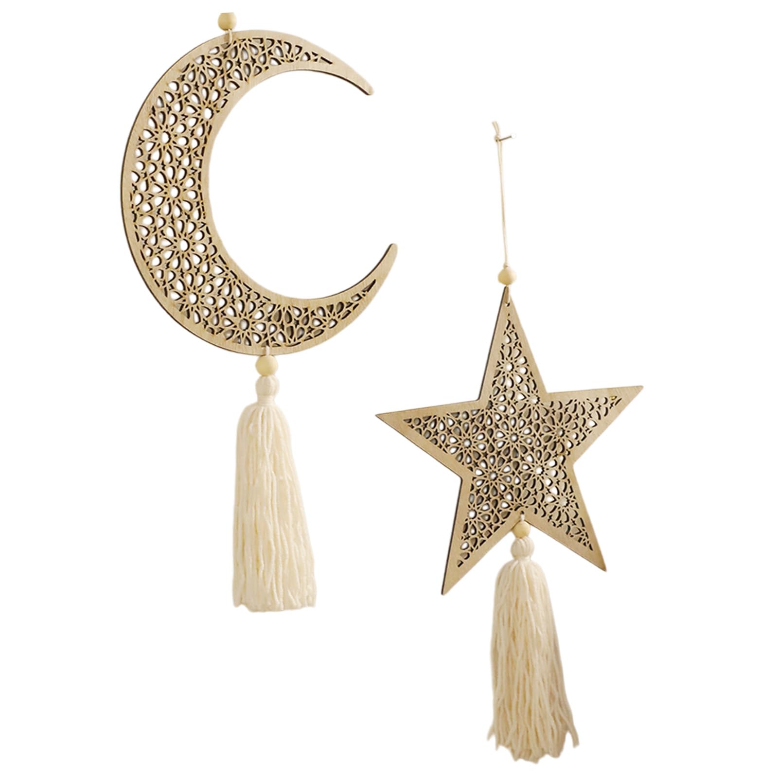2PCS Wood Cutout Star Moons Hanging Decors for Home Offices Nursery Suitable As Anniversary Birthday Nordic Wooden Wall Hanging