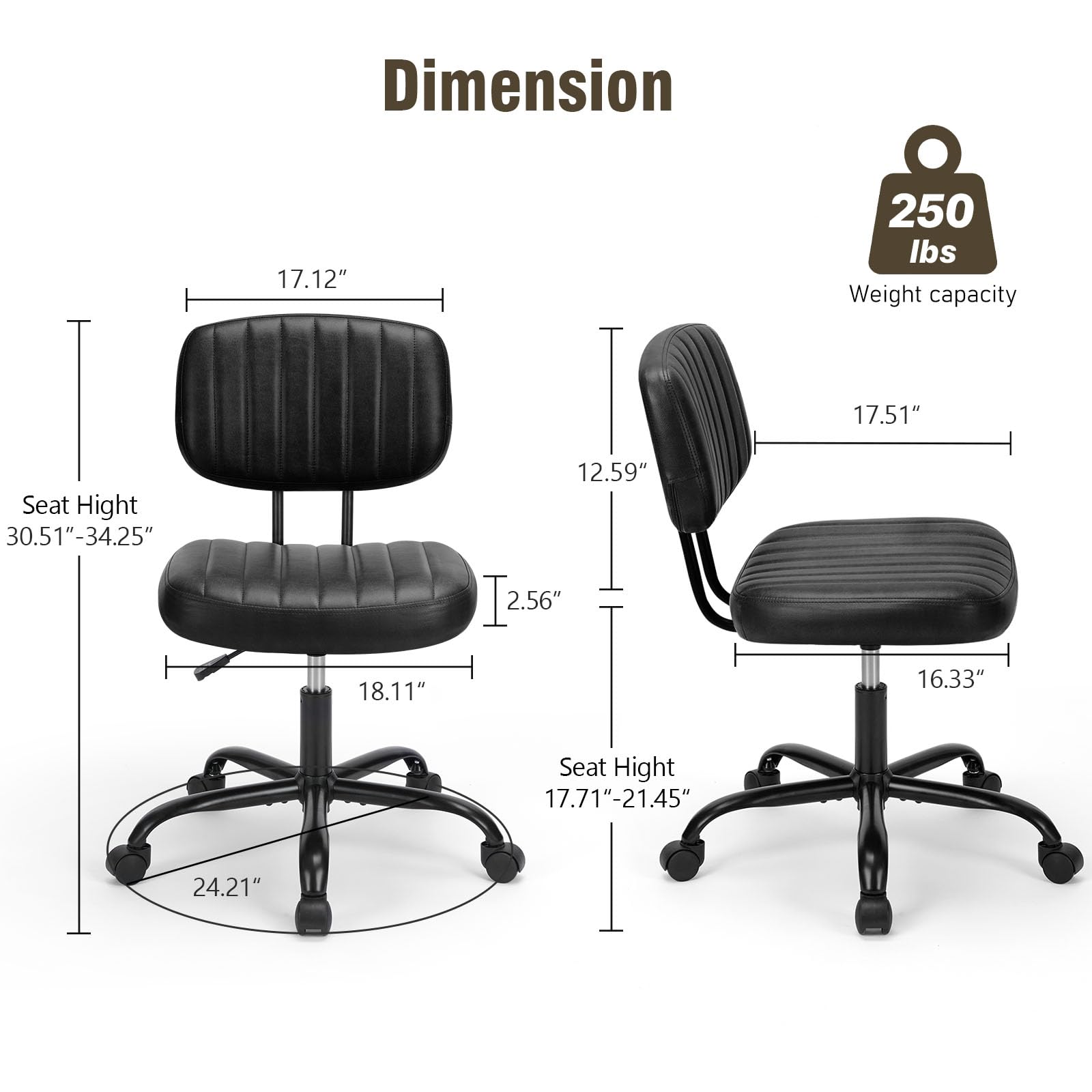 DUMOS Small Armless Home Desk Chair with Low Back Lumbar Support Height Adjustable PU Leather Computer Task Chair — view 2