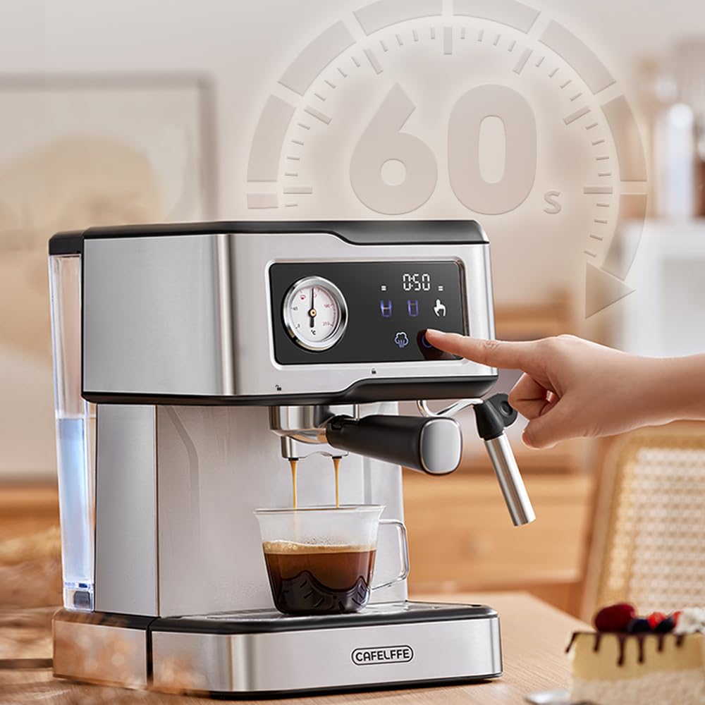 Ekspres do kawy Cafelffe MK-901 z spieniaczem do mleka – 950 W / 1,5 l, pompa 20 barów, inteligentny ekran dotykowy, obudowa ze stali nierdzewnej, mocna para do latte/cappuccino