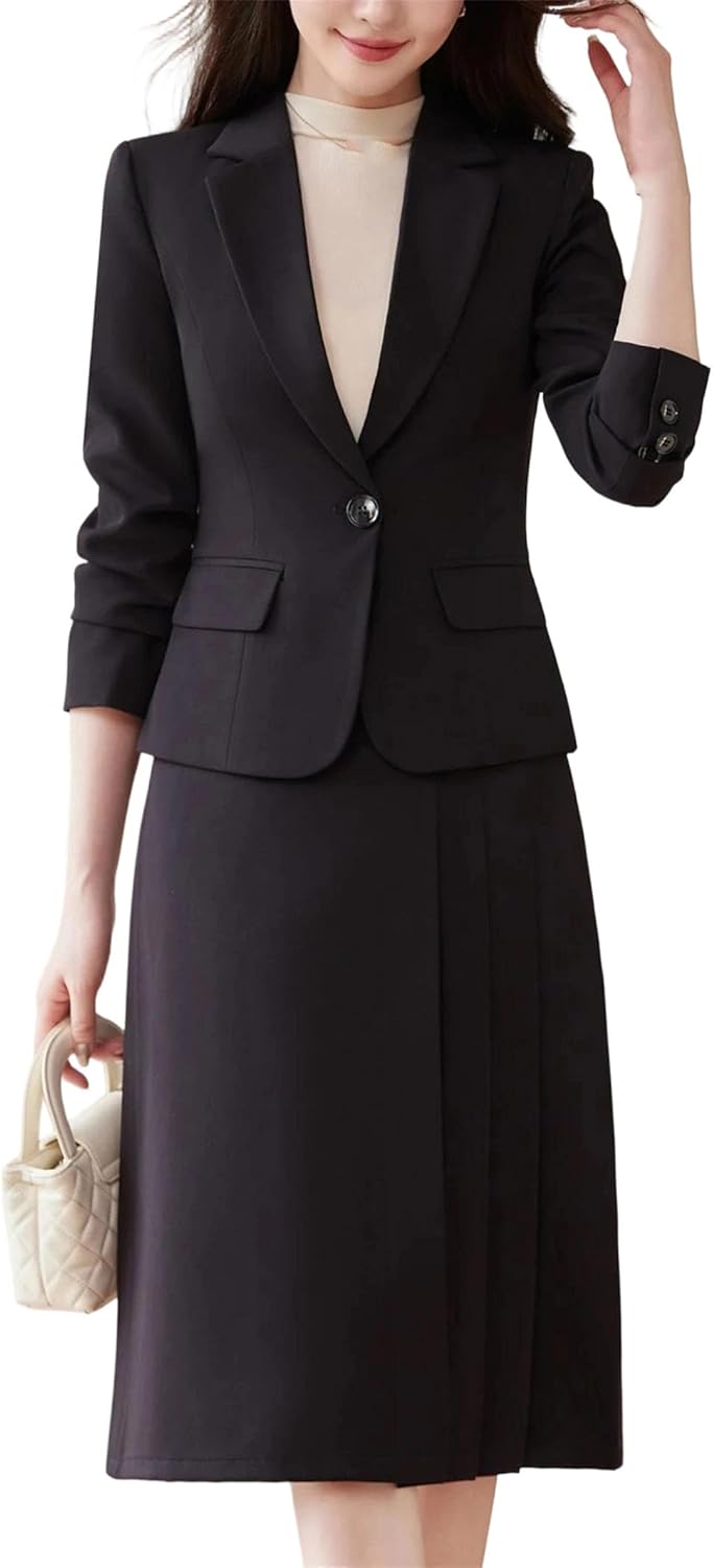 Women's Notched Collar Full Sleeve Single Button Short Coat and Knee-Length Skirt Two-Piece Fashion Outfit