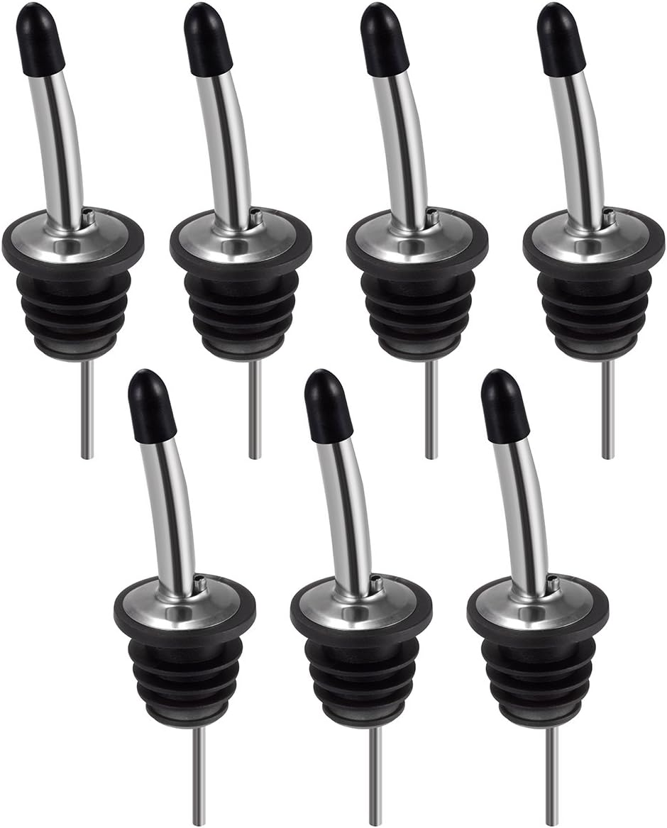Liquor Bottle Pourers with Rubber Dust Caps Set of 7 By AwenSun, Spout Stopper,Olive Oil Liquor, Speed Pourers , Cocktail Vinegar Bottle Drink Spirits Bar, Food Grade Stainless Steel
