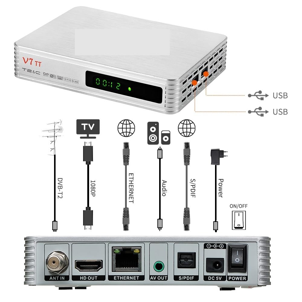 Détecteur de Satellite, Décodeur TNT V7 TT DVB-T/T2 Récepteur TV terrestre H.265 10 bits Full HD 1080p Câble avec antenne WiFi USB/Ethernet