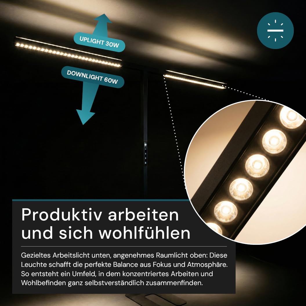 LUXULA Büro Stehleuchte LED Up/Down - Stehlampe Büro für Schreibtisch Homeoffice, dimmbar per Touch - 90W 5000lm, 4000K Neutralweiß, UGR<16 blendarm, CRI 98 farbtreu, Automatikdimmung, Schwarz