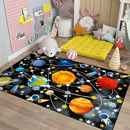 Blue Space Rugs Educational Learning Large Size Solar System Carpet Rugs Kids Rug for Bedroom Boys Space Area Rug Living Bedroom Dining Room Decor, 3'×4'