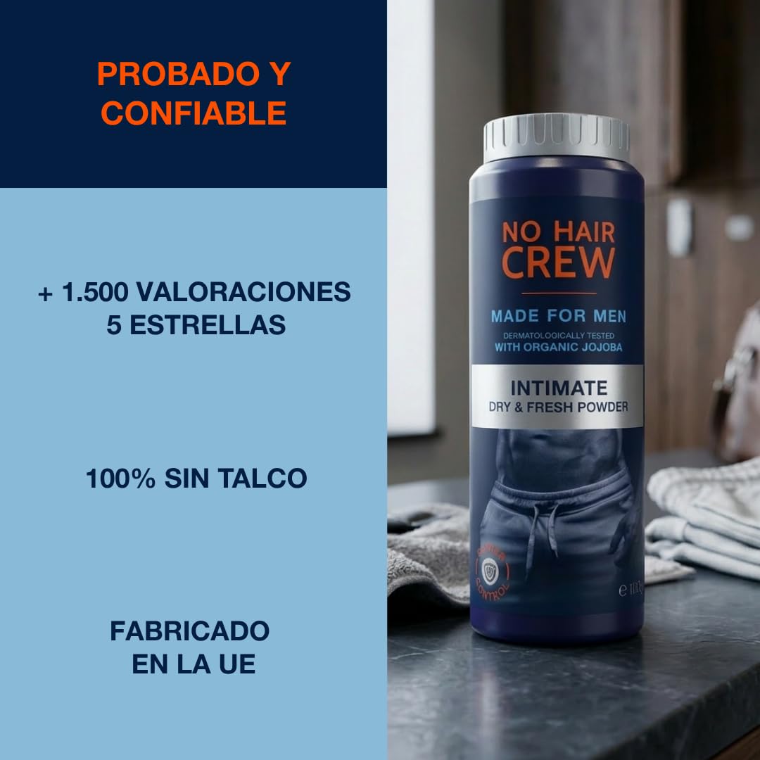 NO HAIR CREW Dry & Fresh Polvo Íntimo para Hombres 100 g – Polvo Corporal Sin Talco contra el Sudor, el Olor y las Rozaduras – Frescor y Comodidad Duraderos