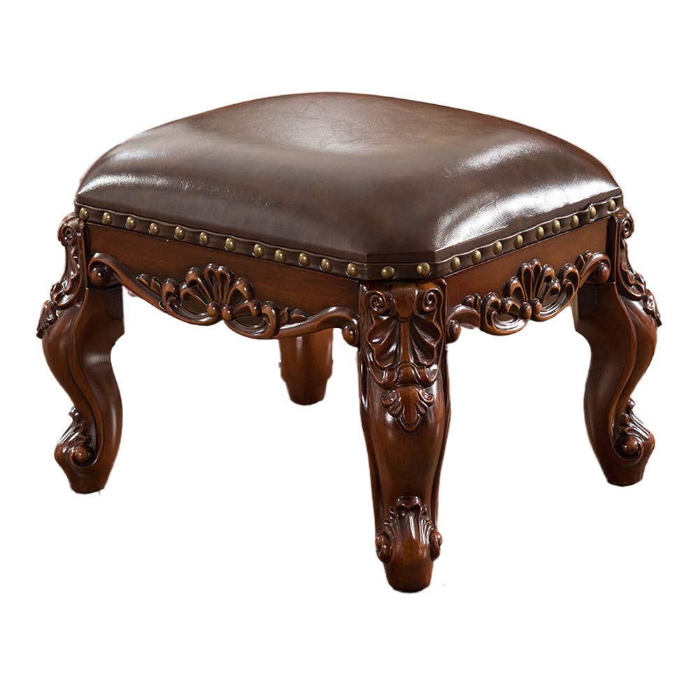 Tabouret repose-pieds en bois sculpté et cuir pour décor européen