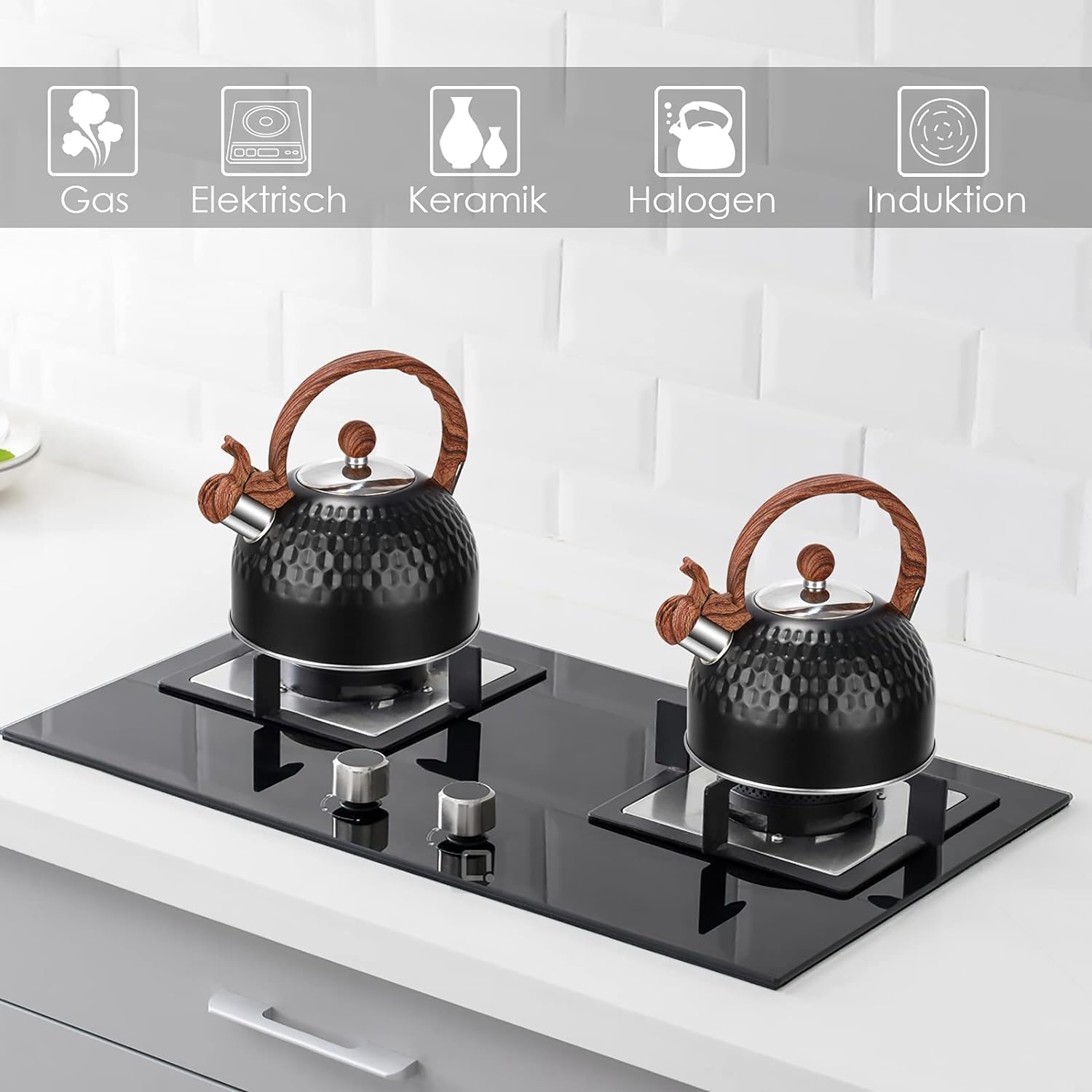 Tea Pot Stovetop, 85 OZ / 2.5 L Whistling Tea Kettle for Stove Top, Food Grade Stainless Steel Water Kettle with Wood Pattern Handle for Coffee/Tea/Milk etc, Kettle Pot Gas Electric Applicable (Black)