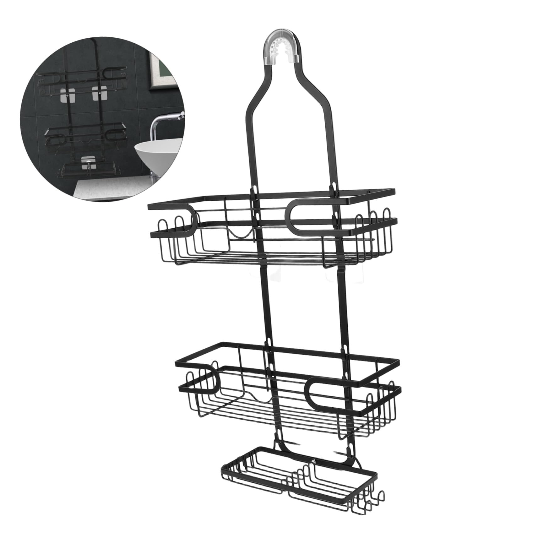 TOYANDONA Scaffale Doccia Sospeso da Parete Nero in Ferro a 3 Ripiani | Adesivo Forte, Montaggio senza Fori, Resistente All'umidità, Ottimizza lo Spazio in Bagno