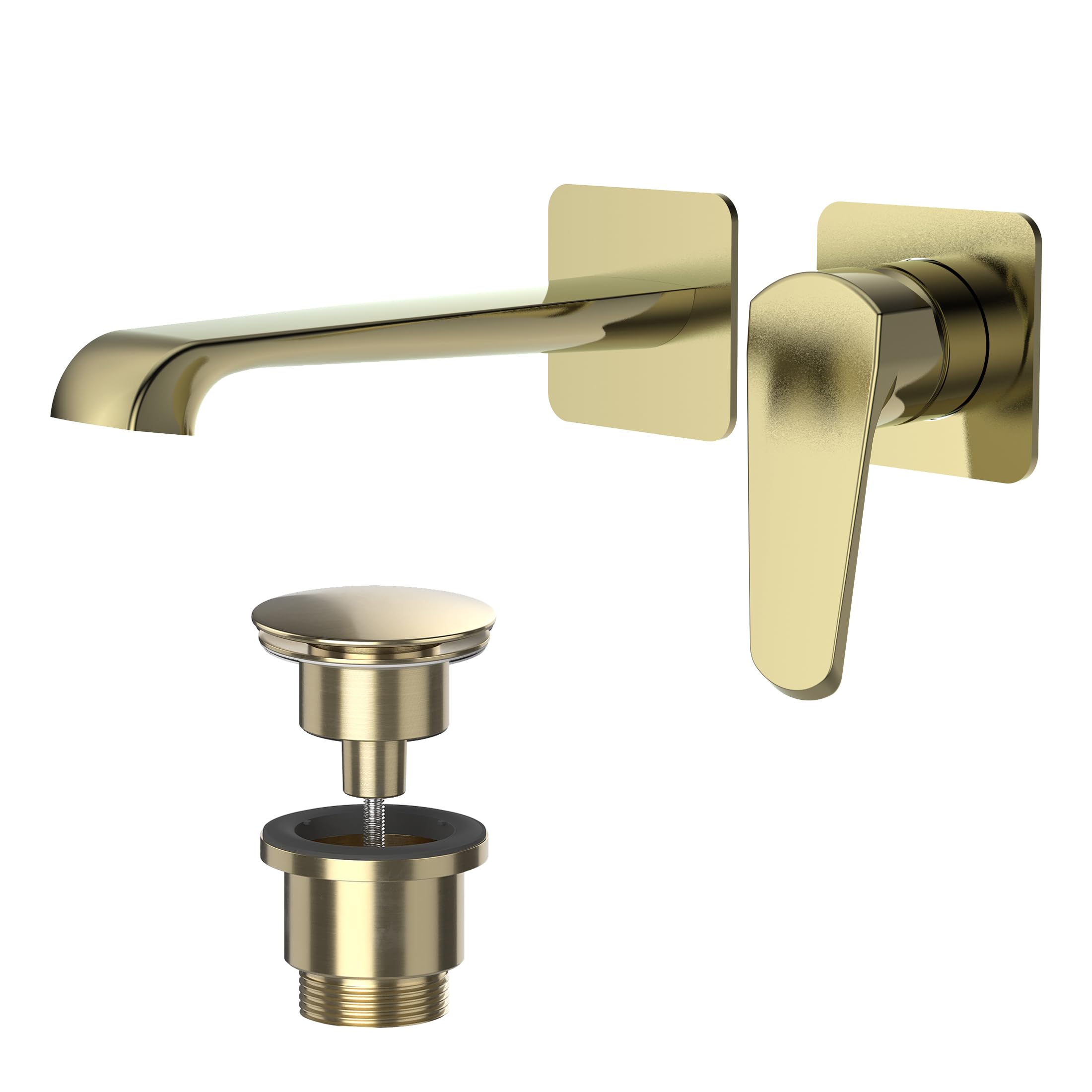 Lunaris Brushed Brass Wall Mounted Basin Filler Mixer Tap Wall Mounted with Universal Basin Waste