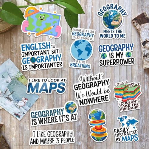 12 calcomanías de geografía, fáciles de distraer por mapas, I Like to Look at Maps, Geography is My Superpower, calcomanías troqueladas impermeables (normal, 3 pulgadas FBA)