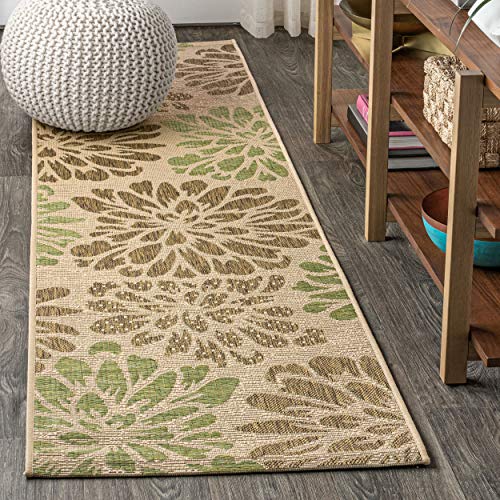 JONATHAN Y Floral Textured Weave Indoor Outdoor Runner Rug 2X8 Sage/Brown, Zinnia Modern for Backyard, Patio, Porch, Easy-Cleaning, High Traffic, Pet-Friendly, Non-Shedding (SMB110A-28)