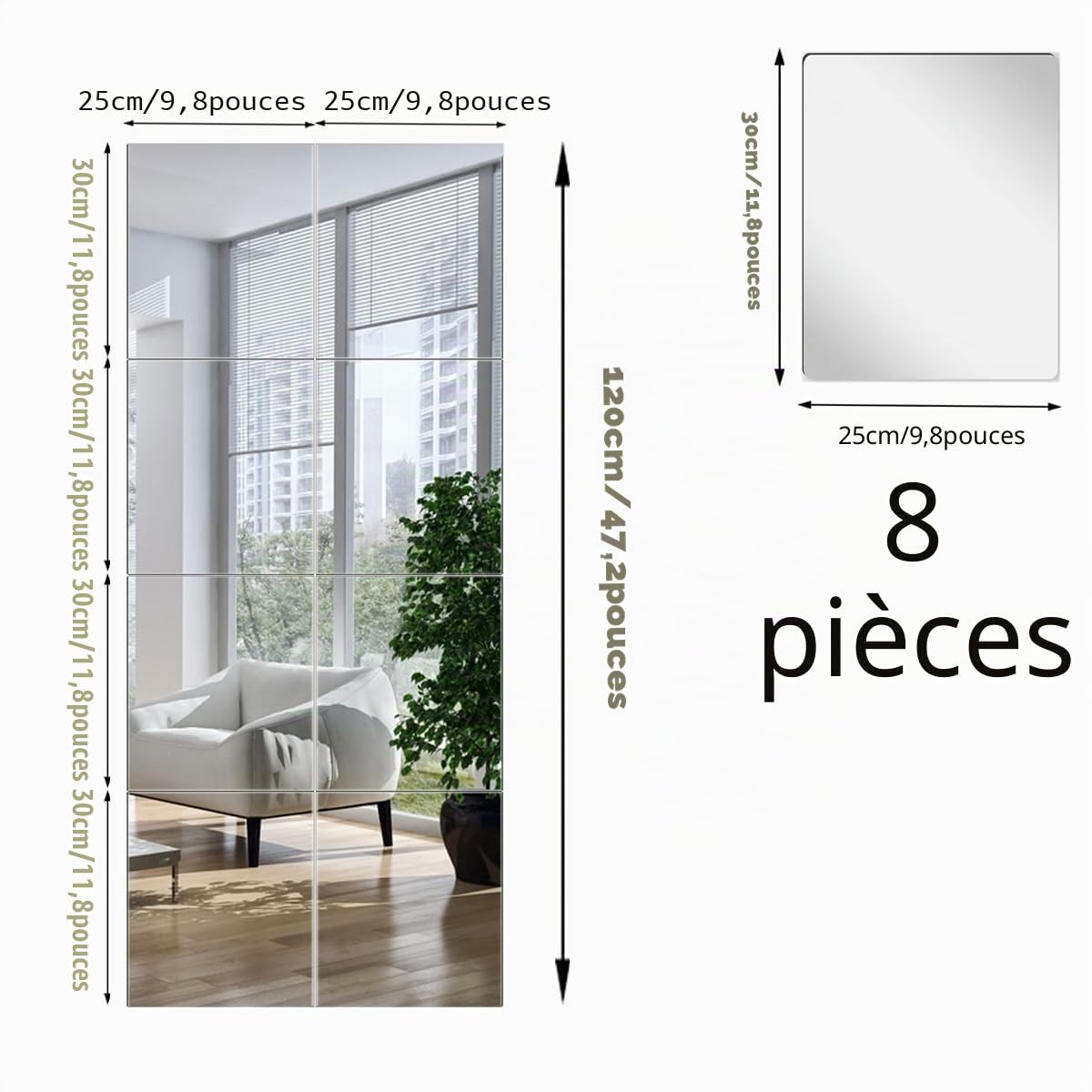 Lot de 8 miroirs muraux carrés en acrylique incassables pour chambre à coucher, murs, salon, porte (30 x 25 cm)