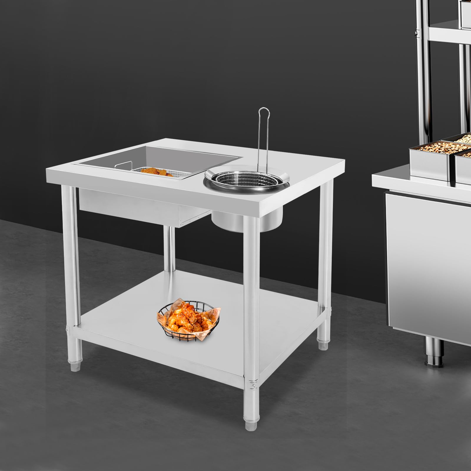 Mesa de preparación de pollo frito con 2 cuencos, mesa para preparar pollo frito, 2 cestas, estante inferior, patas ajustables en altura, 80 x 55 x 80 cm, para comida rápida, restaurante