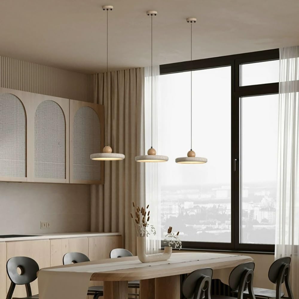 Moderne Pendelleuchte aus Rundstein, Hängelampe Flach in Gelbem Travertin für Küche oder Schlafzimmer Kronleuchter LED Dimmbar(Stepless,30cm/11.81in)