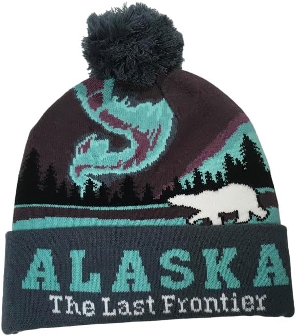 Alaska Beanie Knit Hat Northern Lights Polar Bear with Pom Pom Grey Purple Aqua