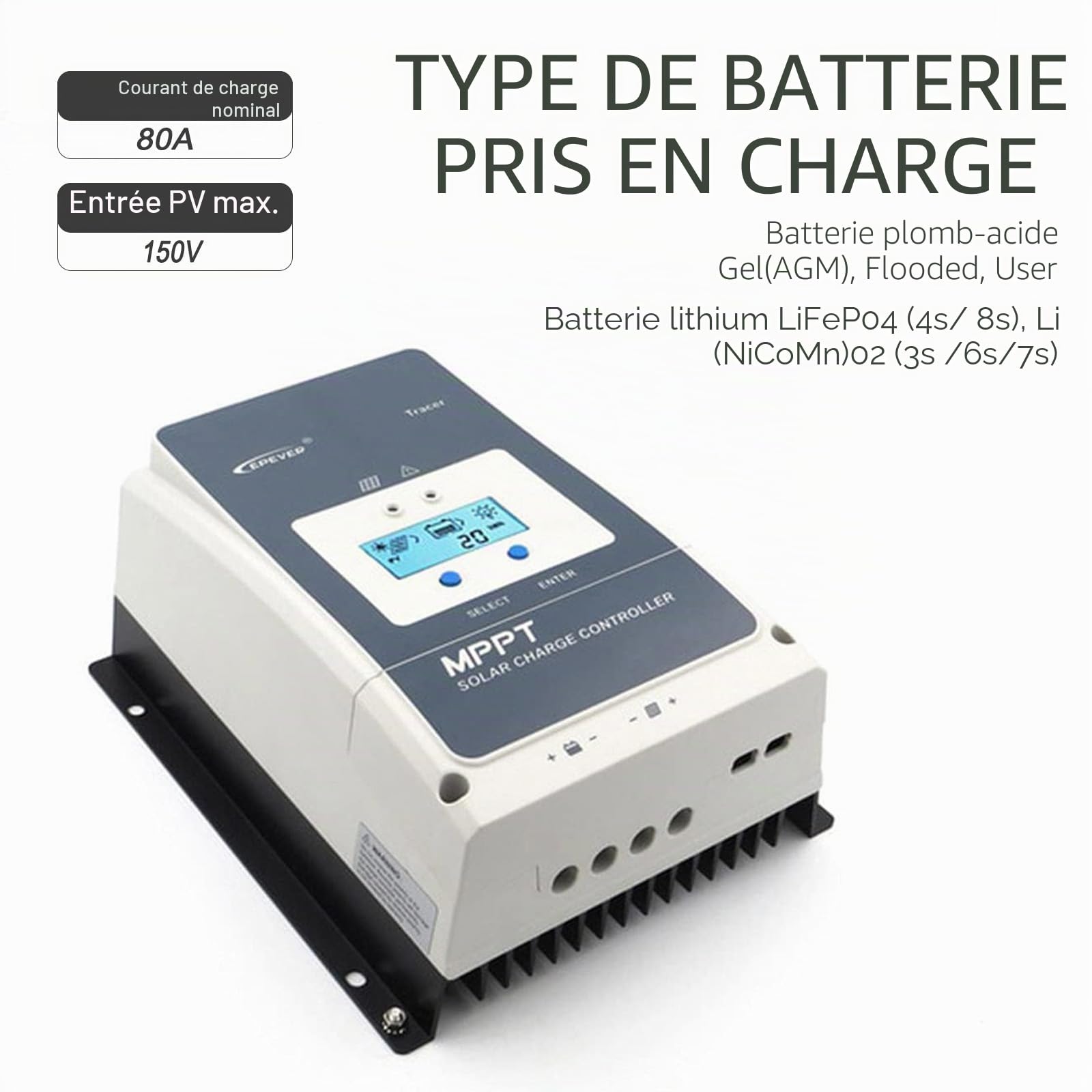 EPEVER Tracer AN MPPT Laderegler régulateur de charge solaire 80A, PV150V, 12/24/36/48VDC travail automatique, écran LCD commen negative Erdung