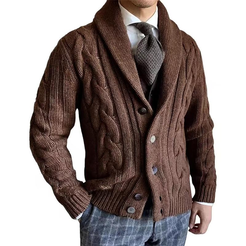 fensir Men's Cable Knit Lapel Cardigan Sweater Jacket with Buttons for Autumn and Winter-picture-23
