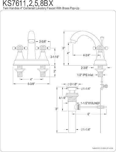 Miniatura 5 de Kingston Brass KS7618BX - Grifo de lavabo vintage inglés con ventana emergente de latón, 4 pulgadas, níquel cepillado
