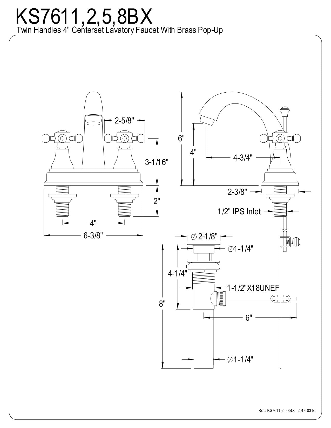 Kingston Brass KS7611BX - Llave de lavabo con centro de 4 pulgadas con tapón de latón, 4-3/4 pulgadas, cromo pulido, latón, Cromo pulido, 4-3/4"