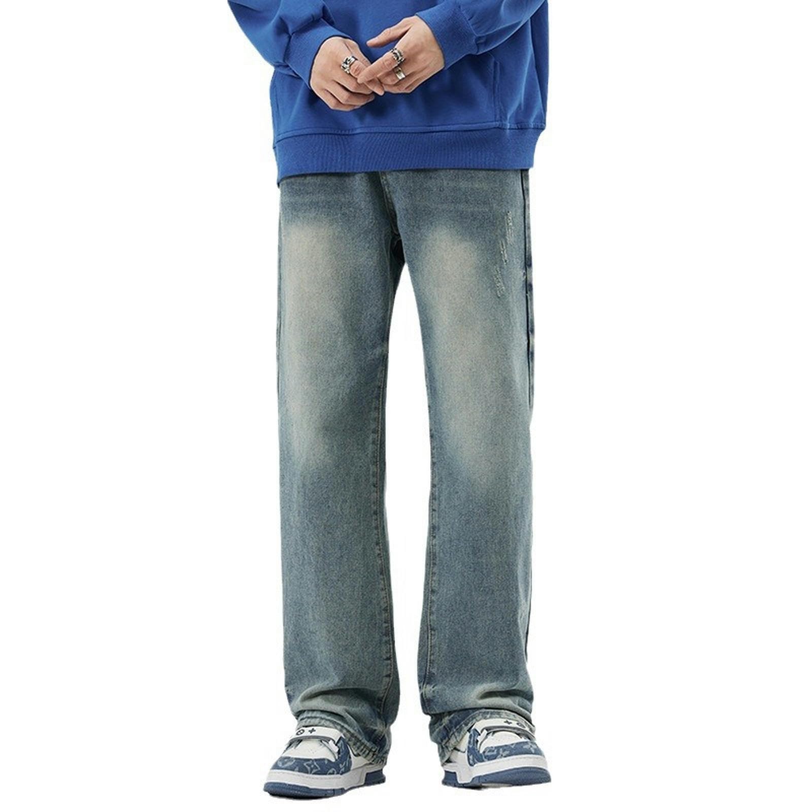 Jeans Blu Bianchi High Street Uomo Primavera Gamba Larga Pantaloni Dritti Larghi Casual Uomo-Bianco Blu-XL