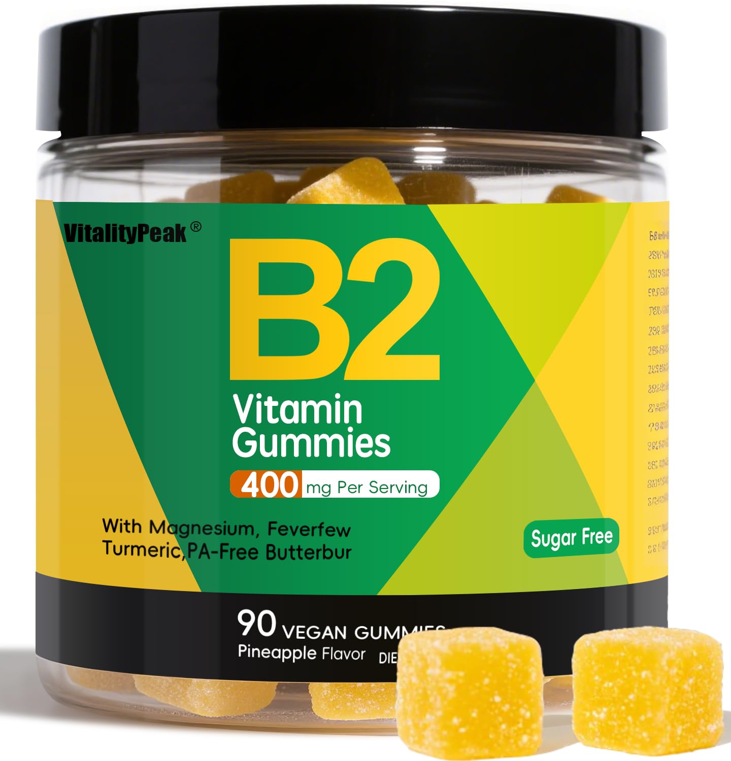 Riboflavin Vitamin B2 Gummies 400mg for Adults & Kids | Migraine Supplement with Magnesium, Turmeric, Cayenne Pepper, Butterbur for Energy & Nervous Support | Vegan, Sugar Free, 90 Count