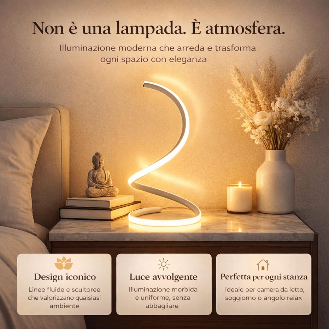 Arcadia Lampada da Comodino LED - Luce Notturna Dimmerabile Bianco Freddo, Naturale e Caldo - Design a Spirale Moderno 3200 Lumen - Abat-jour per Camera da Letto, Scrivania e Salotto (2 Unità)